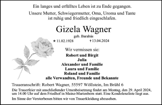 Traueranzeige von Gizela Wagner von Allgemeine Zeitung Mainz