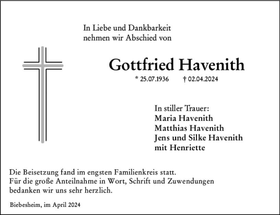 Traueranzeige von Gottfried Havenith von Groß-Gerauer Echo