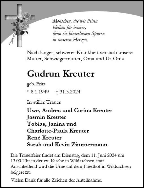 Traueranzeige von Gudrun Kreuter von Wiesbadener Kurier