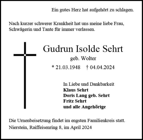 Traueranzeige von Gudrun Isolde Sehrt von Allgemeine Zeitung Mainz