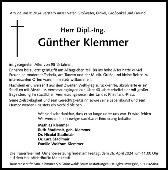 Traueranzeige von Günther Klemmer von Allgemeine Zeitung Mainz