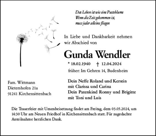 Traueranzeige von Gunda Wendler von Allgemeine Zeitung Mainz