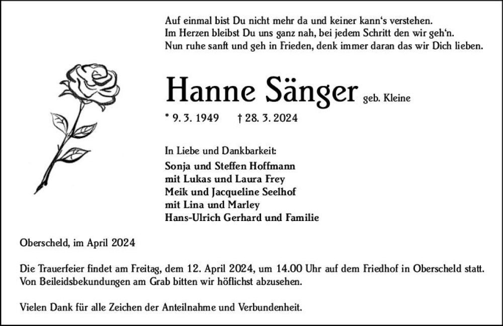  Traueranzeige für Hanne Sänger vom 06.04.2024 aus Dill Block