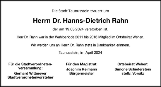 Traueranzeige von Hanns-Dietrich Rahn von Idsteiner Land/Untertaunus