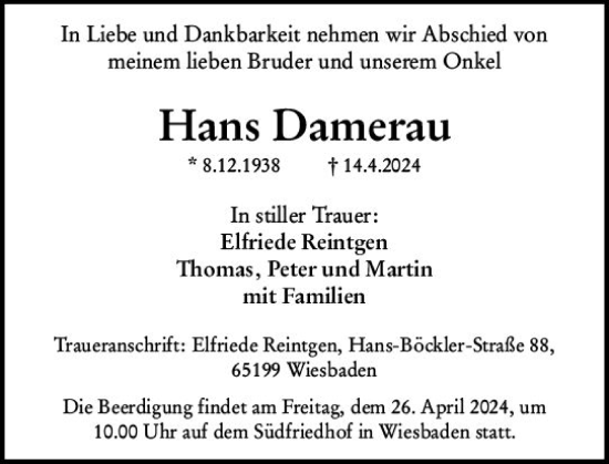 Traueranzeige von Hans Damerau von Wiesbadener Kurier