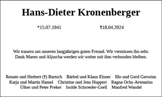 Traueranzeige von Hans-Dieter Kronenberger von Allgemeine Zeitung Mainz
