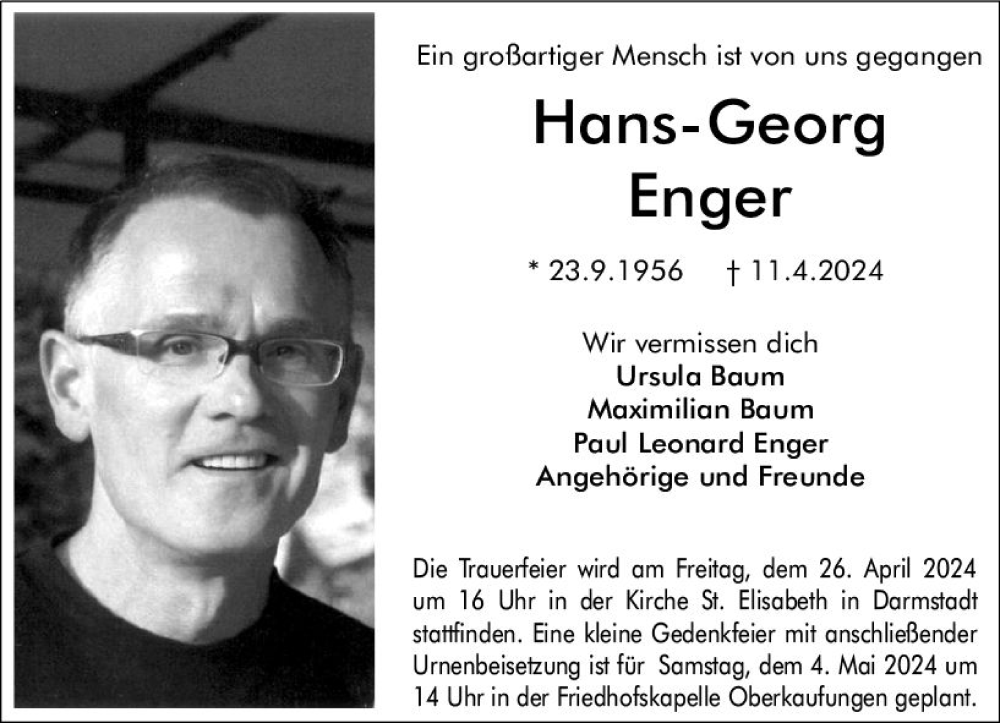  Traueranzeige für Hans-Georg Enger vom 20.04.2024 aus Darmstädter Echo
