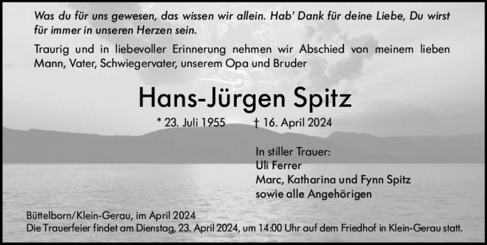  Traueranzeige für Hans-Jürgen Spitz vom 20.04.2024 aus Groß-Gerauer Echo