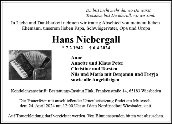 Traueranzeige von Hans Niebergall von Wiesbadener Kurier