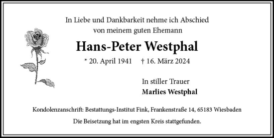 Traueranzeige von Hans-Peter Westphal von Wiesbadener Kurier