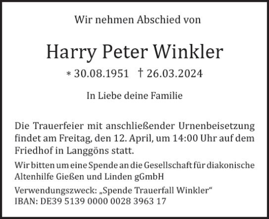 Traueranzeige von Harry Peter Winkler von Wetzlarer Neue Zeitung