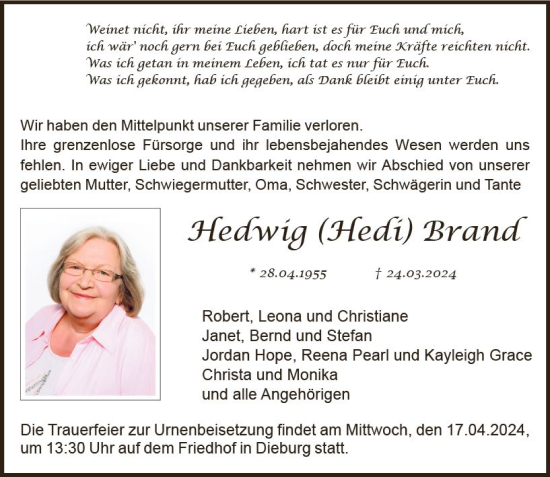 Traueranzeige von Hedwig Brand von Dieburger Anzeiger/Groß-Zimmerner Lokal-Anzeiger