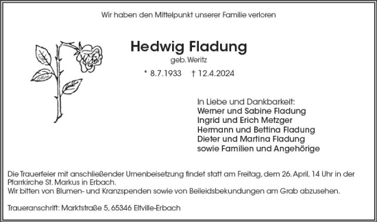 Traueranzeige von Hedwig Fladung von Wiesbadener Kurier