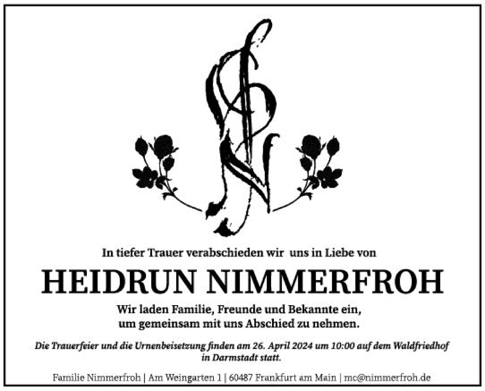  Traueranzeige für Heidrun Nimmerfroh vom 20.04.2024 aus Darmstädter Echo