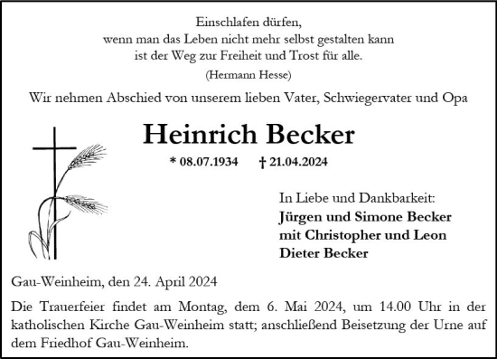Traueranzeige von Heinrich Becker von Allgemeine Zeitung Alzey