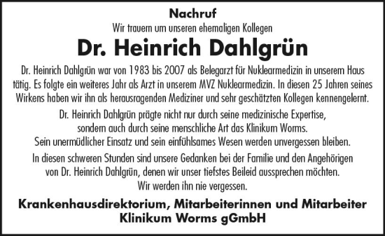 Traueranzeige von Heinrich Dahlgrün von Wormser Zeitung