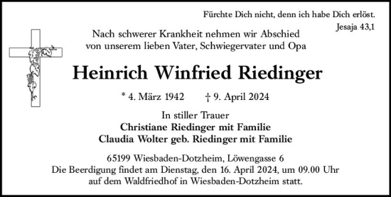 Traueranzeige von Heinrich Winfried Riedinger von Wiesbadener Kurier