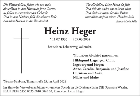 Traueranzeige von Heinz Heger von Wetzlarer Neue Zeitung