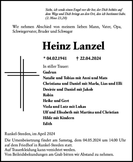 Traueranzeige von Heinz Lanzel von Weilburger Tageblatt