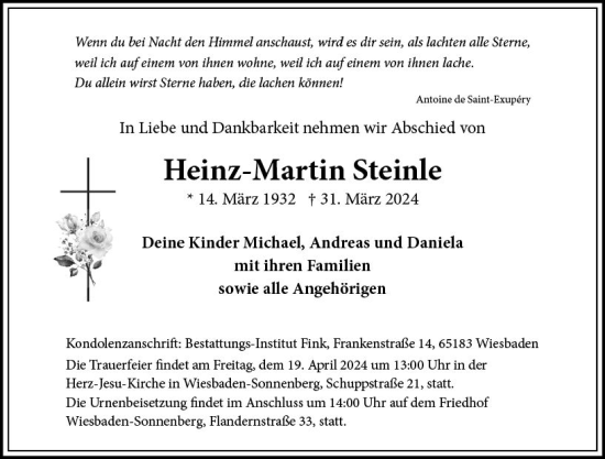 Traueranzeige von Heinz-Martin Steinle von Wiesbadener Kurier