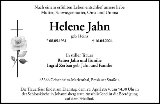 Traueranzeige von Helene Jahn von Rheingau Kurier