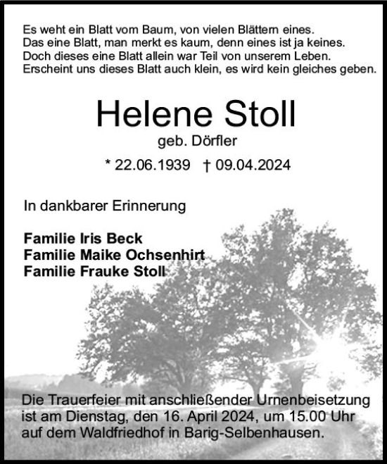 Traueranzeige von Helene Stoll von Weilburger Tageblatt