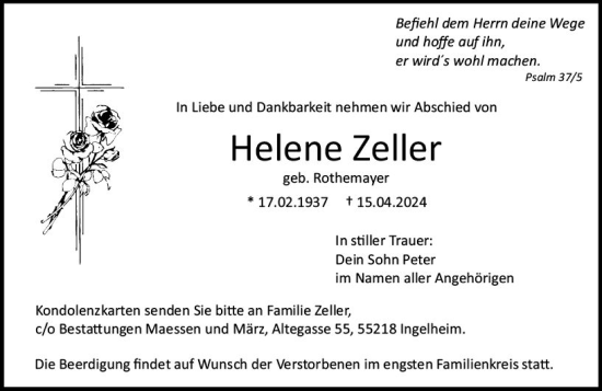 Traueranzeige von Helene Zeller von Allgemeine Zeitung Bingen/Ingelheim