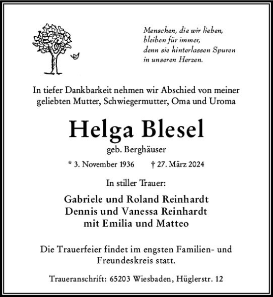 Traueranzeige von Helga Blesel von Wiesbadener Kurier