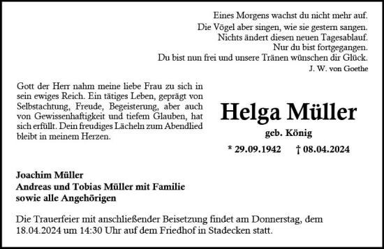 Traueranzeige von Helga Müller von Allgemeine Zeitung Mainz