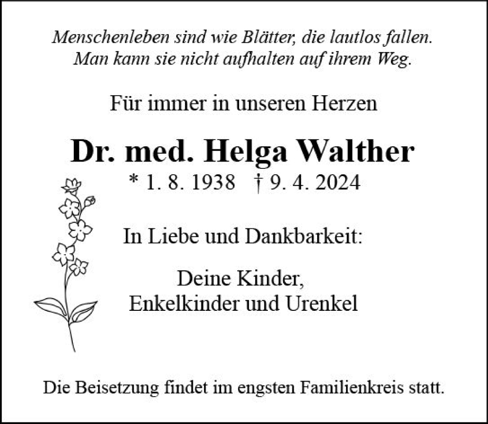  Traueranzeige für Helga Walther vom 20.04.2024 aus Allgemeine Zeitung Bingen/Ingelheim