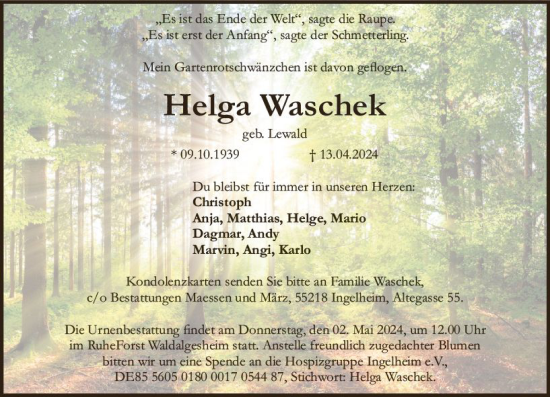 Traueranzeige von Helga Waschek von Allgemeine Zeitung Bingen/Ingelheim