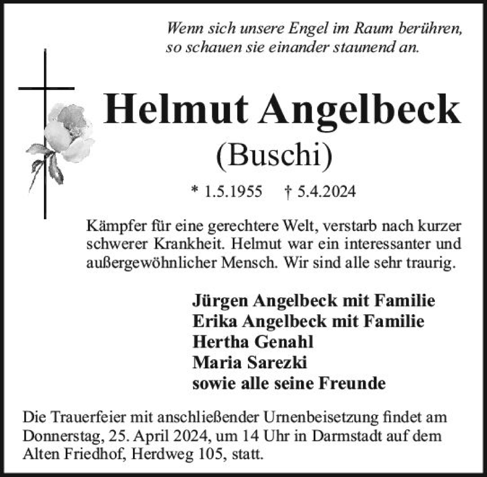  Traueranzeige für Helmut Angelbeck vom 20.04.2024 aus Darmstädter Echo