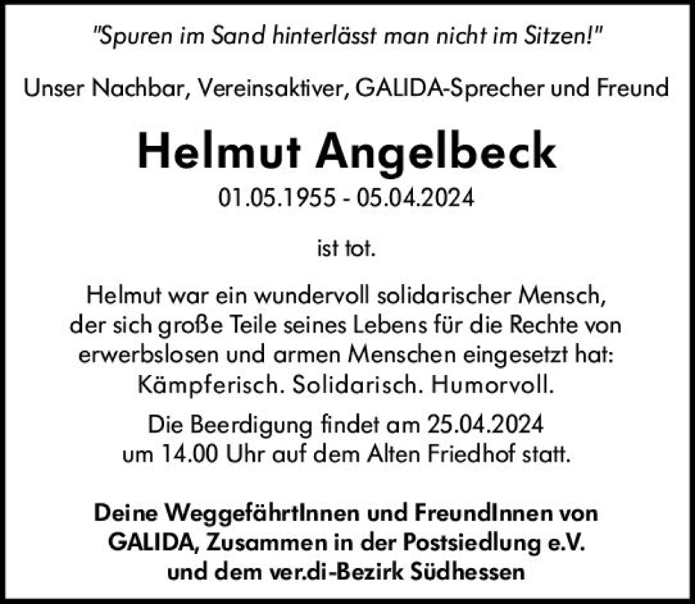  Traueranzeige für Helmut Angelbeck vom 13.04.2024 aus Darmstädter Echo