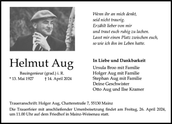 Traueranzeige von Helmut Aug von Allgemeine Zeitung Mainz