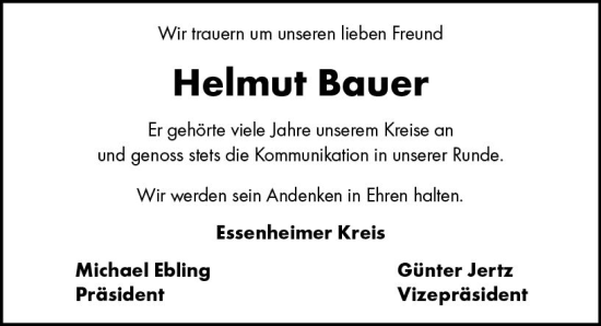 Traueranzeige von Helmut Bauer von Allgemeine Zeitung Mainz