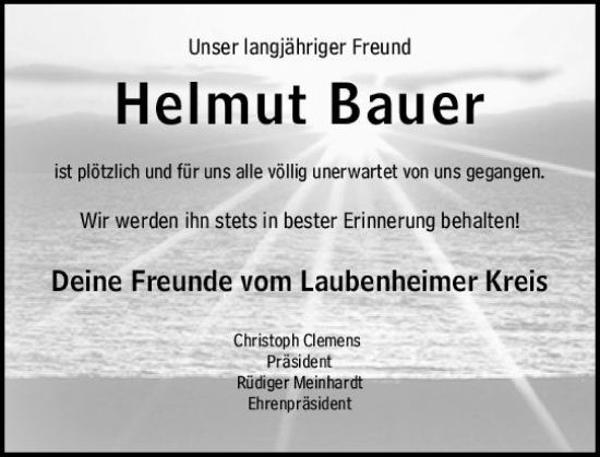 Traueranzeige von Helmut Bauer von Allgemeine Zeitung Mainz