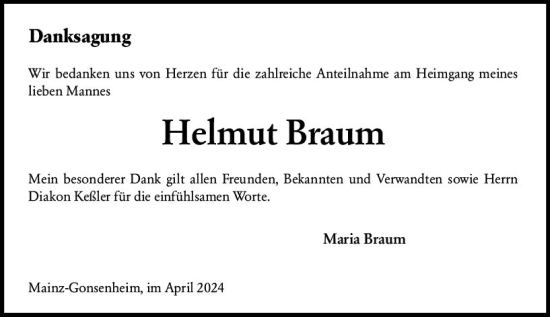 Traueranzeige von Helmut Braum von Allgemeine Zeitung Mainz