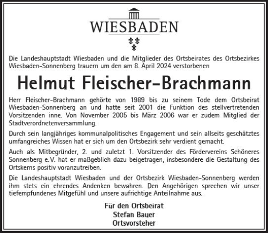 Traueranzeige von Helmut Fleischer-Brachmann von Wiesbadener Kurier