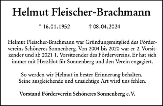 Traueranzeige von Helmut Fleischer-Brachmann von Wiesbadener Kurier