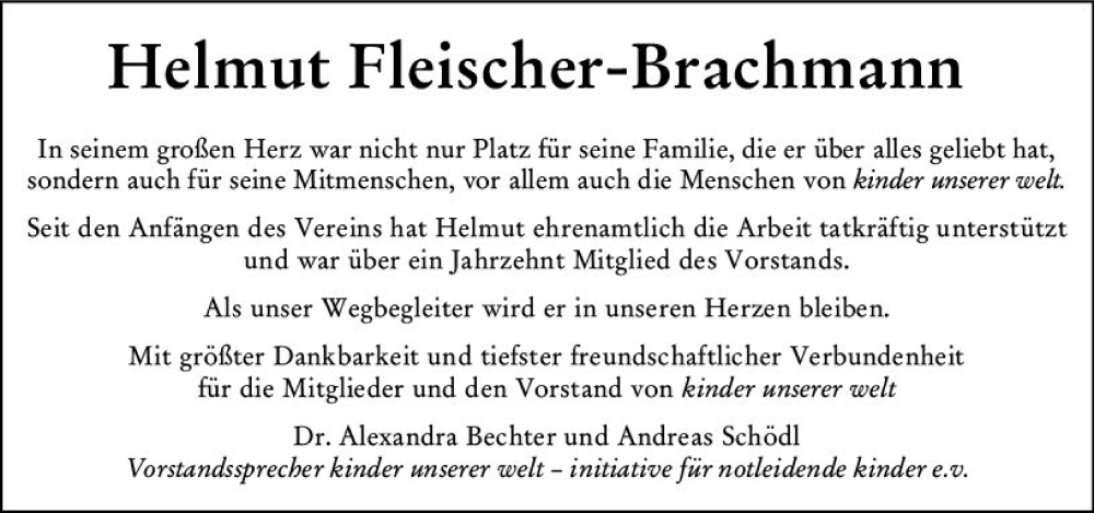  Traueranzeige für Helmut Fleischer-Brachmann vom 20.04.2024 aus Wiesbadener Kurier