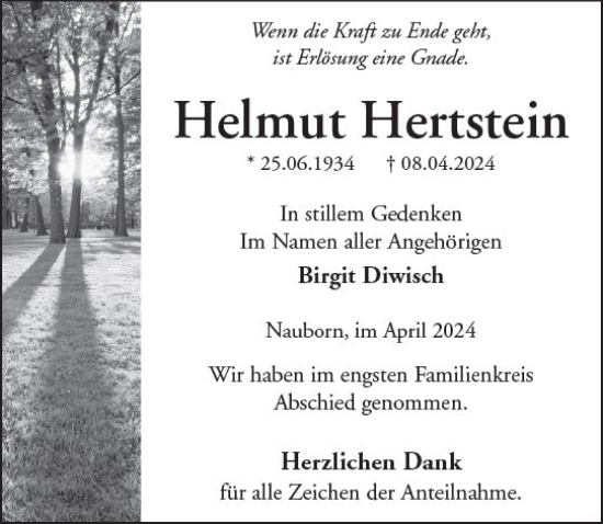 Traueranzeige von Helmut Hertstein von Wetzlarer Neue Zeitung