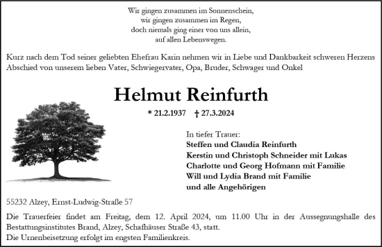 Traueranzeige von Helmut Reinfurth von Allgemeine Zeitung Alzey
