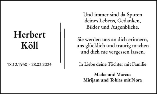 Traueranzeige von Herbert Köll von Dieburger Anzeiger/Groß-Zimmerner Lokal-Anzeiger