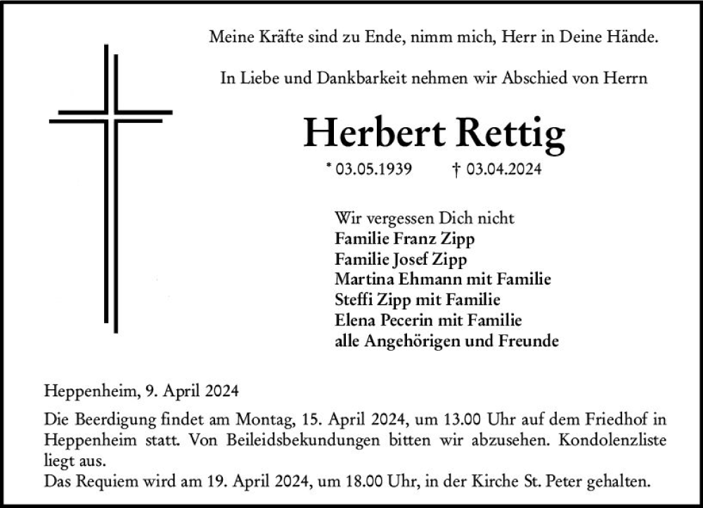  Traueranzeige für Herbert Rettig vom 10.04.2024 aus Starkenburger Echo