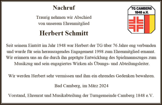 Traueranzeige von Herbert Schmitt von Camberger Anzeiger