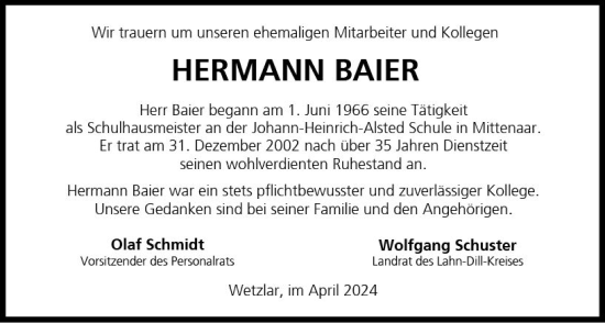 Traueranzeige von Hermann Baier von Dill Block