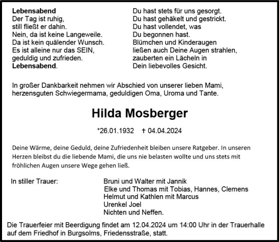 Traueranzeige von Hilda Mosberger von Wetzlarer Neue Zeitung