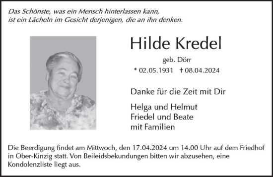 Traueranzeige von Hilde Kredel von Odenwälder Echo