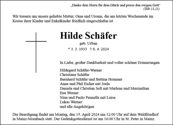 Traueranzeige von Hilde Schäfer von Allgemeine Zeitung Mainz