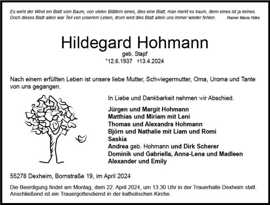 Traueranzeige von Hildegard Hohmann von Allgemeine Zeitung Mainz